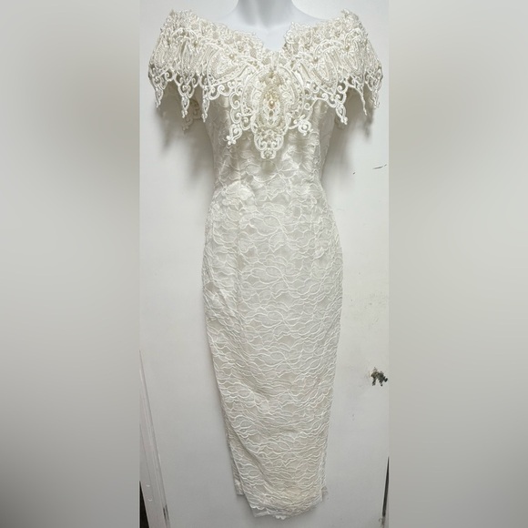 Vintage Jessica McClintock Lace Sheath Wedding Dress Off Shoulder Ivory White - Picture 1 of 12